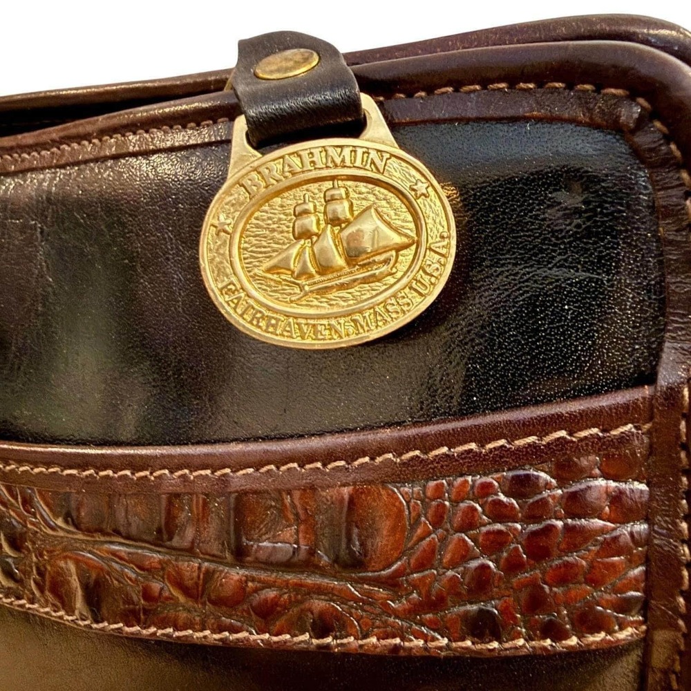 Vintage Brahmin Glossy Black Leather Croc Embossed Purse 90s Luxury Made in USA